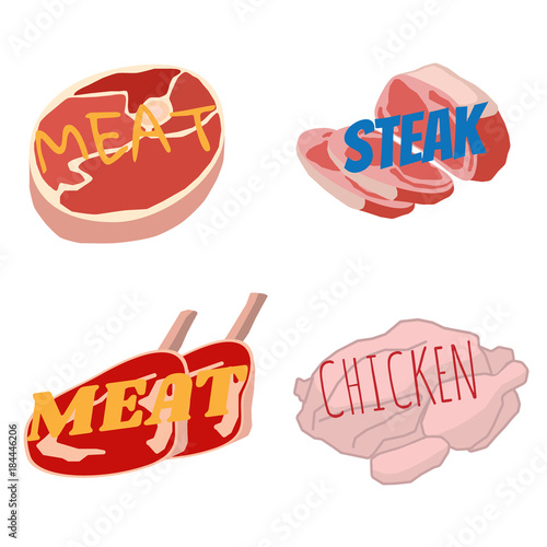 Meat objects vector on white background in cartoon style. Beef, pork, lamb, round steak, boneless rump, ribs, chicken, sausage, ham, jerky emblems with names