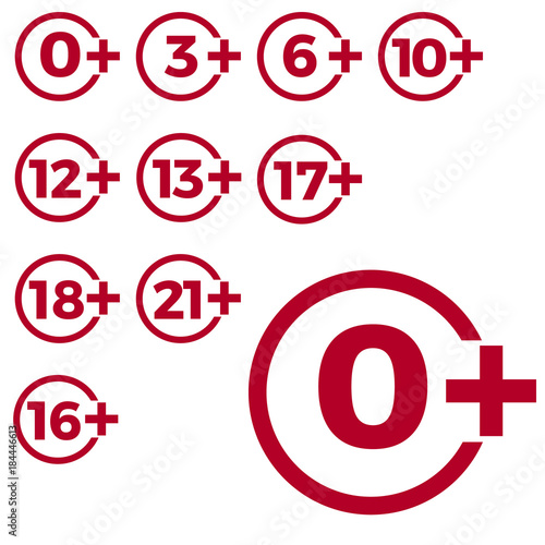 Limit age icon on red background. Icons age limit vector flat illustration.