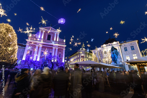 Franciscan Church of the Annunciation, Ljubljana, Slovenia in christmas time in winter at night