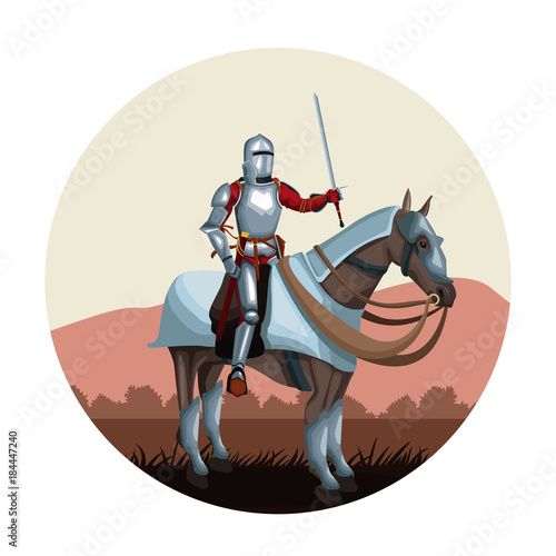 Medieval warrior with horse round icon icon vector illustratio ngraphic design