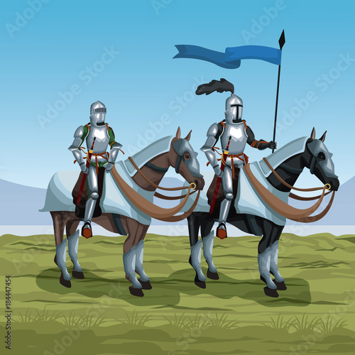Medieval warriors with horses on battlefield icon vector illustratio ngraphic design