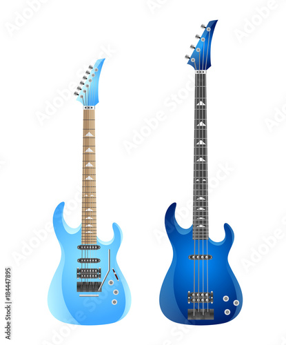 Set of electric guitars and bass isolated on white background. Vector illustration
