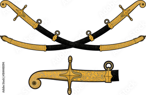 crossed eastern european or asian ornate curve saber in sheath isolated on white background