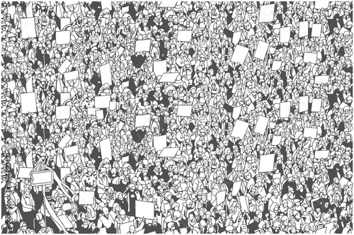 Illustration of large crowd demonstration from high angle view with blank signs in black and white
