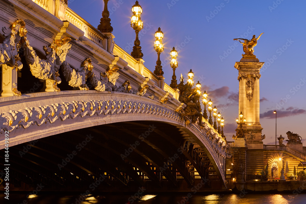 Obraz premium Close-up of Pont Alexandre III Bridge and illuminated lamp posts at sunset. 7th Arrondissement, Paris, France