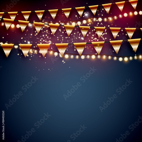 Beautiful Christmas vector background with gold party bunting flags and shiny Xmas lights with copyspace for your design