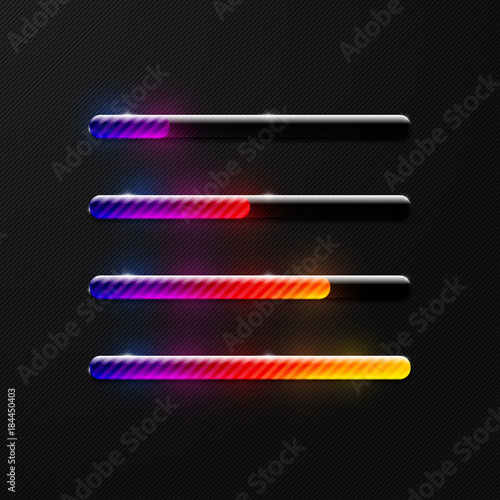 Creative colorful shiny transparent striped preloader progress bar design element set on dark black background photo