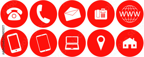Icon Set für Webseiten und Visitenkarten mit Telefon, Hörer, E-Mail, Fax, Internet, Smartphone, Tablet, Laptop, Markierung und Adresse