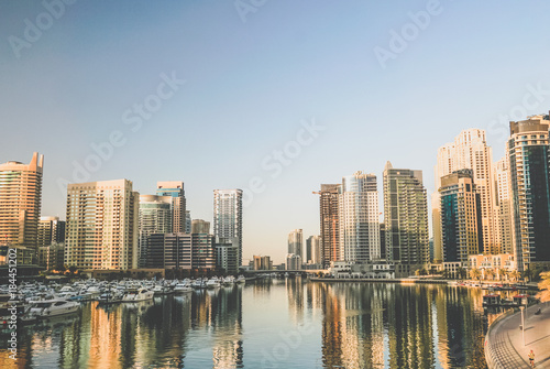 Dubai. The waterfront of Dubai Marina in the early morning. Toning instagram.   © sablinstanislav