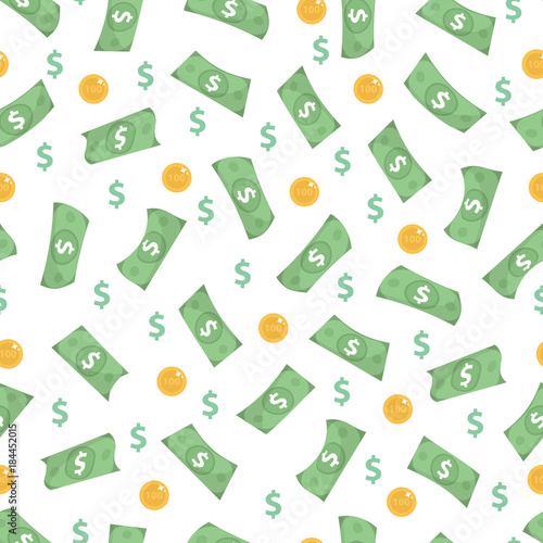 Money is a seamless pattern. Finances endless background. Dollars and coins are a repeating texture. Vector illustration