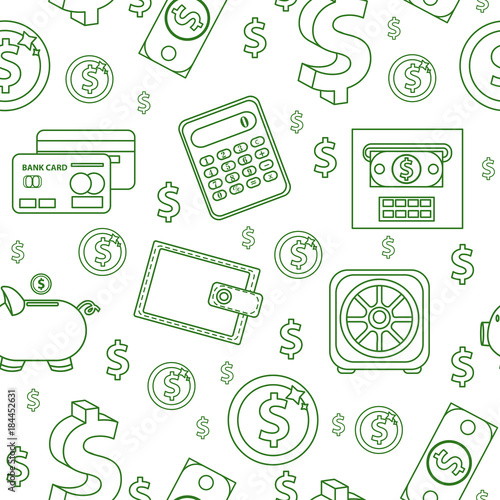 Money seamless pattern, line style. Finances endless background. Business, bank repeating texture with dollars, coins, coin box, calculator. Vector illustration
