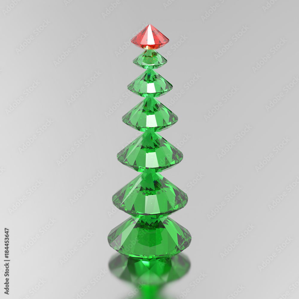 3D illustration green diamond christmas tree with a red star 3D illustration green diamond christmas tree with a red star