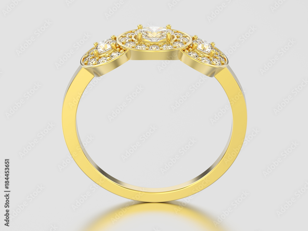 3D illustration yellow gold three stone solitaire engagement ring 3D illustration yellow gold three stone solitaire engagement ring