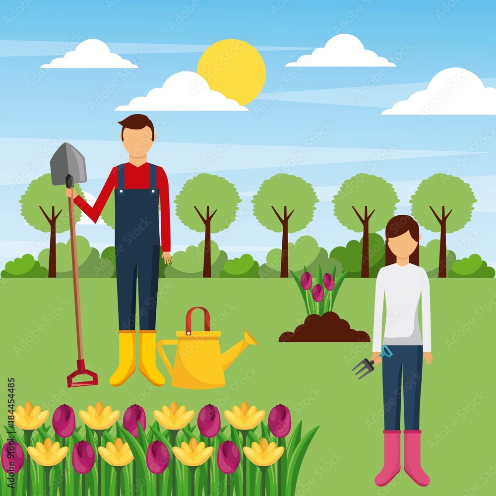 couple gardeners with tools and flowers tree field vector illustration couple gardeners with tools and flowers tree field vector illustration