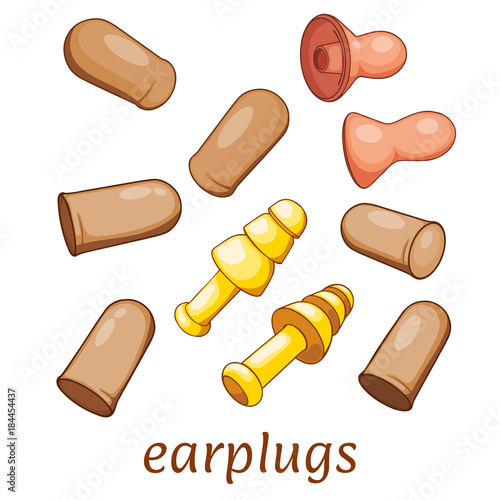 Protect your ears from loud earplugs. Set of different ear plugs on white background. Vector illustration