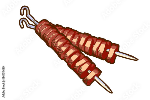 Shish kebab on a spit. Meat skewers in hand drawing on a white background. Vector illustration