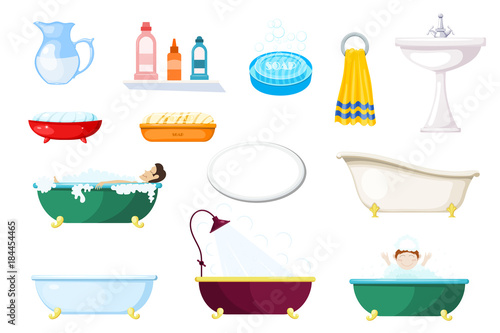 Set of items for the bathroom. Various baths and hygiene items on a white background. Vector illustration