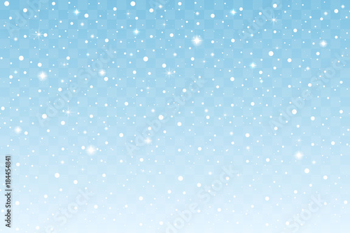 Falling snow with sparkle isolated on blue transparent background. Christmas and New Year decoration. Vector illustration