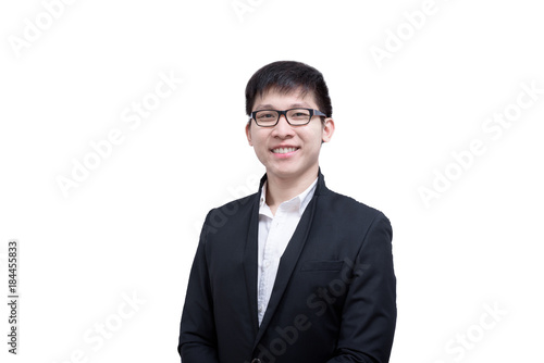 Asia businessman has happy with success the goal isolated on white background.