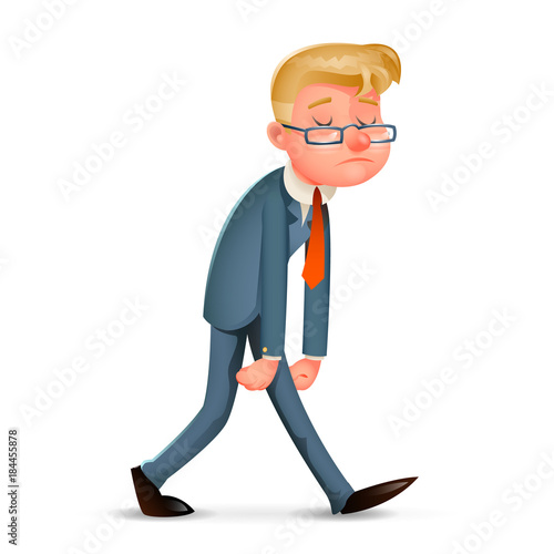 Melancholy Sad Tired Weary Fatigue Businessman Walk Retro Cartoon Design Vintage Character Icon Isolated Vector Illustration