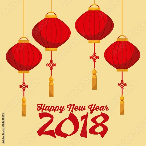 happy new year 2018 chinese calendar card with lanterns hanging vector illustration