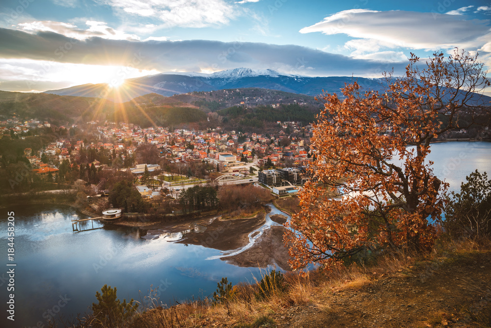 Beautiful sunset near Sofia, Bulgaria - Pancharevo lake and autumn trees - obrazy, fototapety, plakaty 