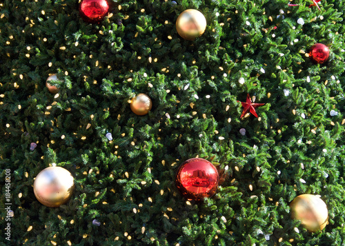 Close up on Christmas tree with white lights, red and gold ball ornaments.