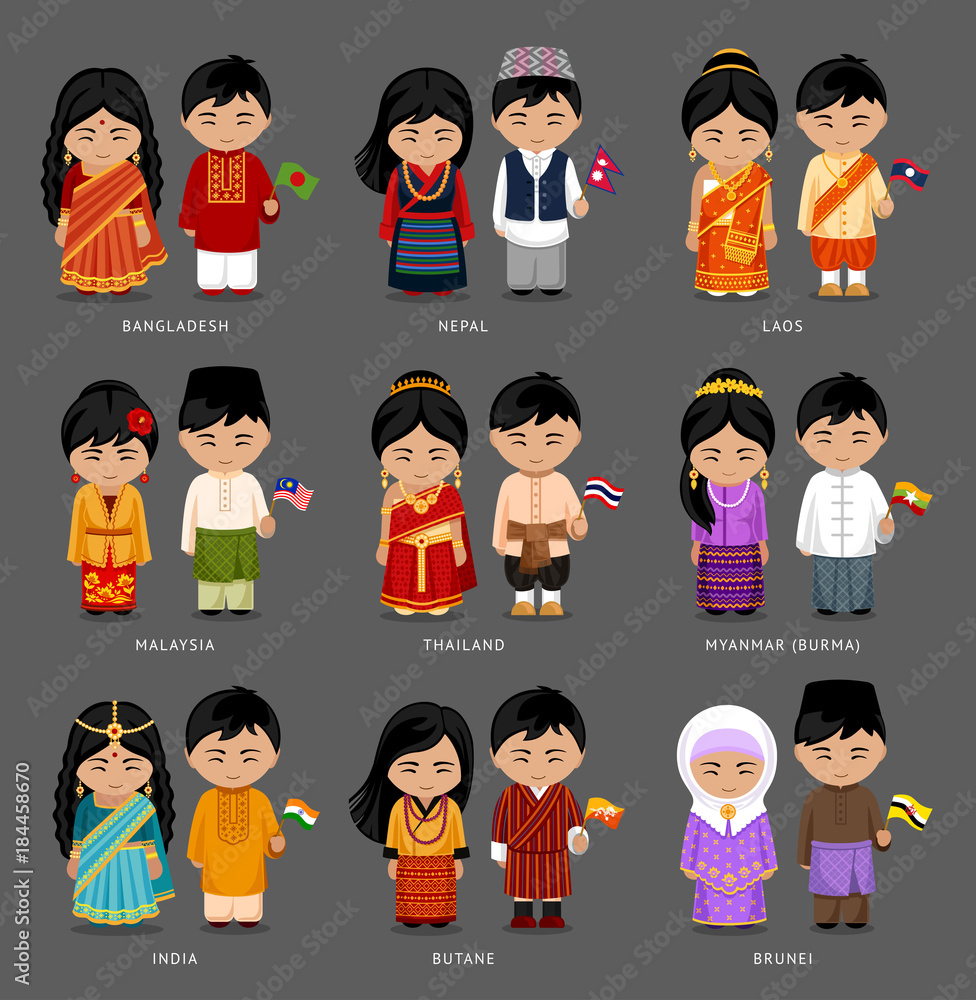 People in national dress. Burma (Myanmar), Brunei, Bhutan, Bangladesh,  India, Nepal, Thailand, Malaysia, Laos. Set of asian pairs dressed in  traditional costume. National clothes. Vector illustration. Stock Vector |  Adobe Stock