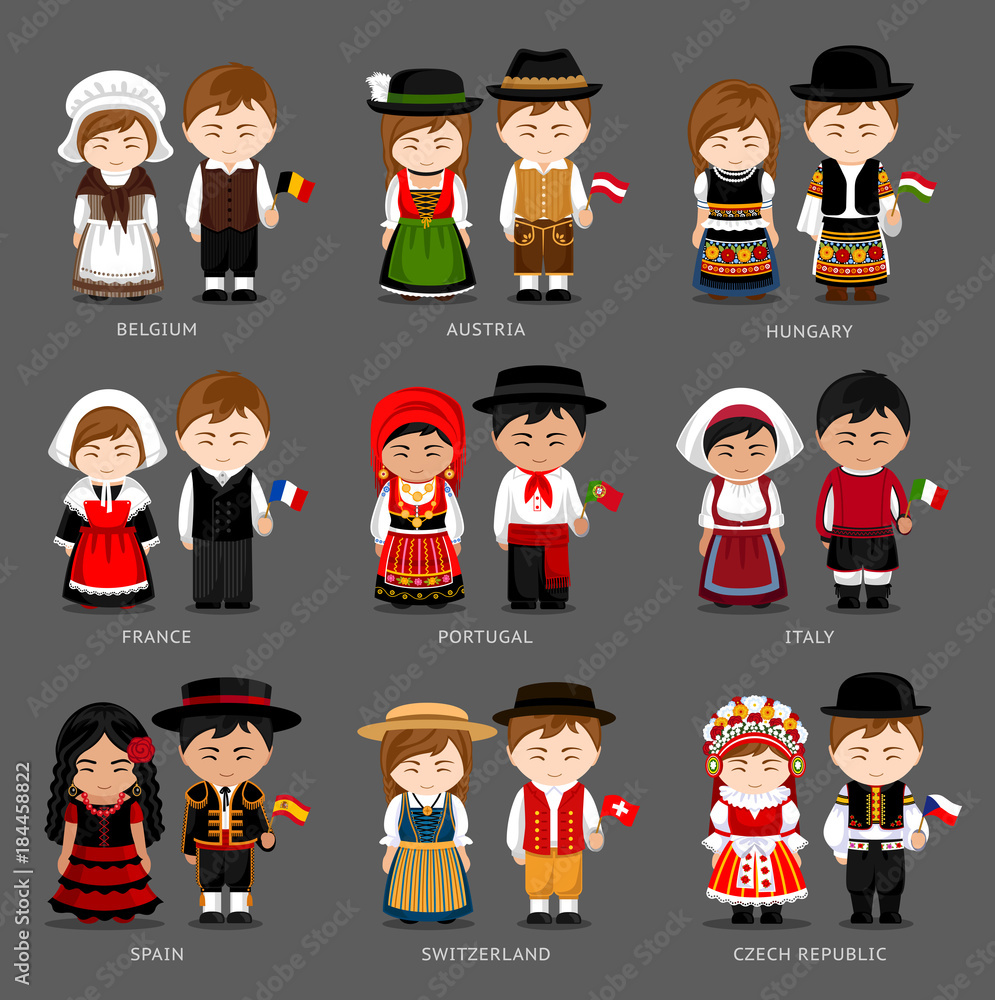People in national dress. Belgium, Austria, Hungary, France, Portugal, Italy,  Spain, Switzerland, Czech Republic. Set of european pairs dressed in  traditional costume. National clothes. Stock Vector | Adobe Stock