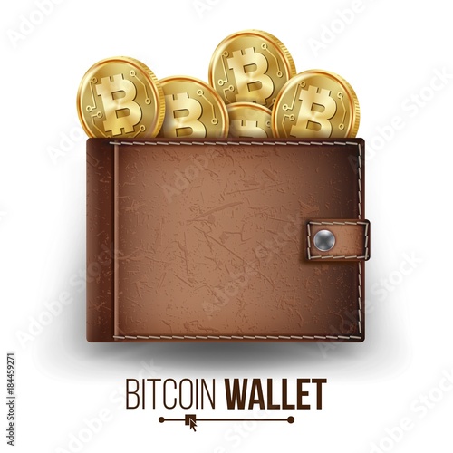 Full Bitcoin Wallet Vector. Brown Color. Bitcoin Gold Coins. Top View. Financial Concept. Money Front Side. Technology Worldwide Network Concept. Isolated On White Background Illustration