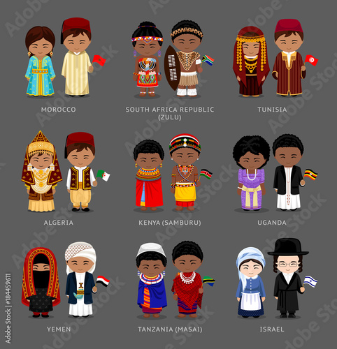 People in national dress. Morocco, Tunisia, Kenya (Samburu), Tanzania (Masai), South Africa (Zulu), Uganda, Yemen, Israel. Set of pairs dressed in traditional costume. Vector flat illustration.