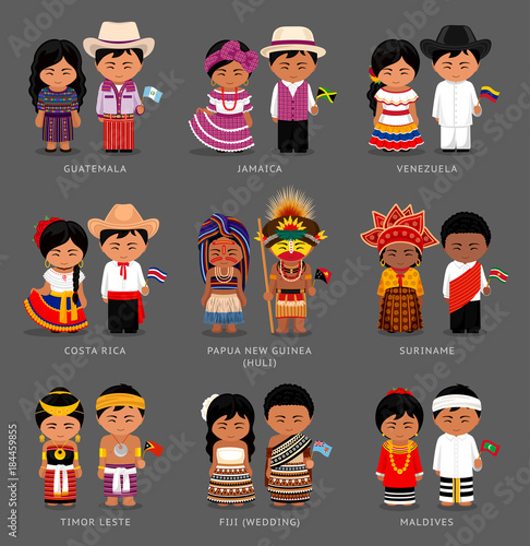 People in national dress. Timor Leste, Fiji, Maldives, Papua New Guinea (Huli tribe), Costa Rica, Venezuela, Suriname, Jamaica, Guatemala. Set of pairs dressed in traditional costume with flag.