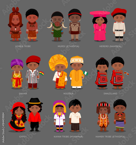 People in national dress. Swazilanders, Nigerians, Ghanaian. Hamer, Kayan, Himba, Mursi tribe, Herero. Gypsies. Set of pairs dressed in traditional costumes with flags. Vector flat illustration.