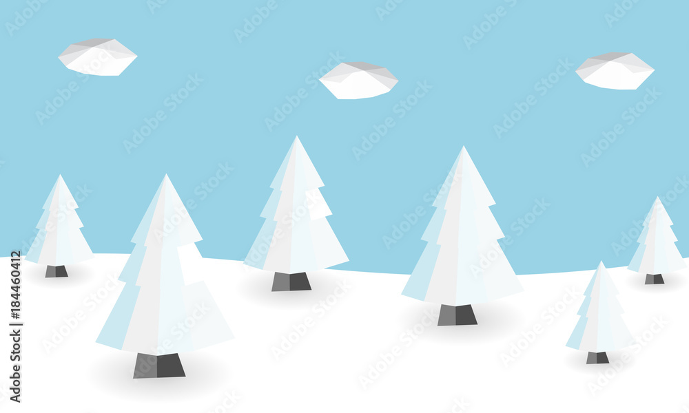 Low poly winter landscape vector background. 3d Polygonal white pines with snow.