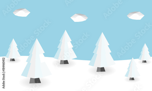 Low poly winter landscape vector background. 3d Polygonal white pines with snow.