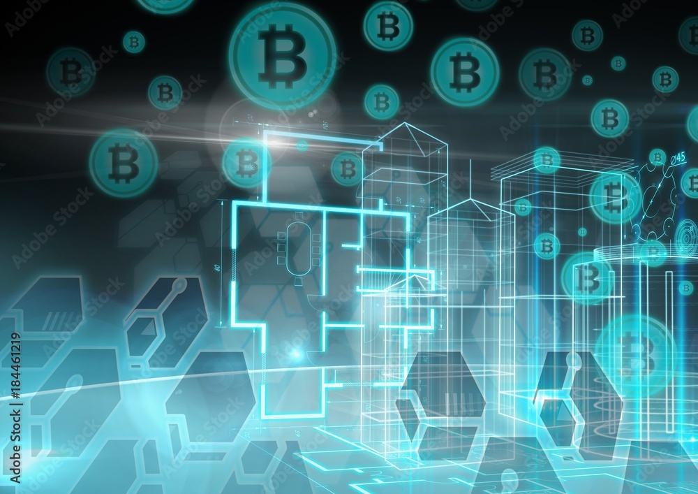 Building structures glowing with bitcoin graphic icons Building structures glowing with bitcoin graphic icons