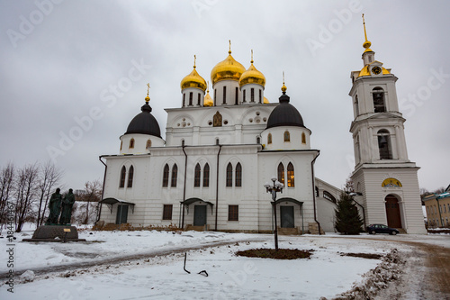 DMITROV, RUSSIA - DECEMBER 12, 2017: The facade of the Assumption Cathedral. Founded in the early 16th century
