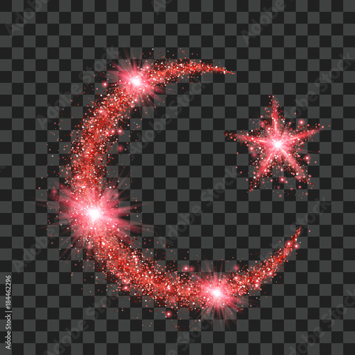 Red particles wave in form of islam symbols crescent and star with bright shining and glowind particles isolated on transparent background. Glitter bright trail, glowing wave vector illustration