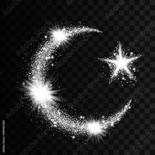 Silver particles wave in form of islam symbols crescent and star with bright shining and glowind particles isolated on transparent background. Glitter bright trail, glowing wave vector illustration