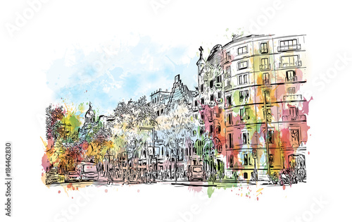 Watercolor painting with splash and sketch of Barcelona Spain in vector illustration.