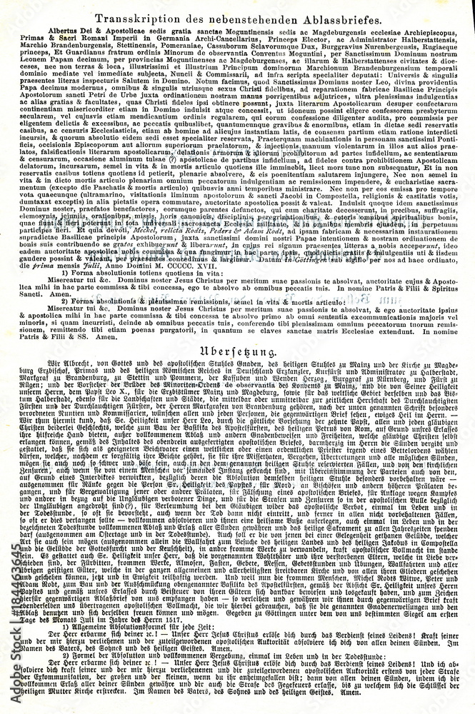 Obraz premium Letter of Albrecht of Brandenburg, Archbishop of Mainz and Magdeburg, for the sale of indulgences (from Spamers Illustrierte Weltgeschichte, 1894, 5[1], 200/201)
