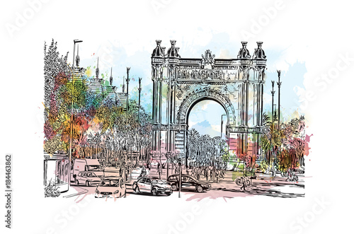 Watercolor painting with splash and sketch of Spain. Barcelona. Triumphal Arch. Hand drawn city sketch. Vector illustration.