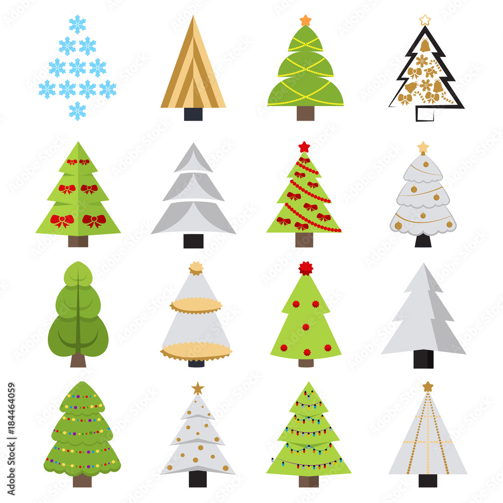 Set of different Christmas trees. Can be used for greeting cards, invitations, banners. Funny Christmas tree with a face