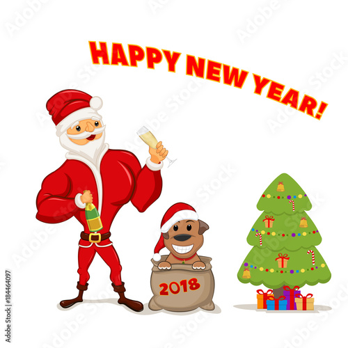 A funny Santa is holding a glass of champagne and a puppy sitting in a sack.