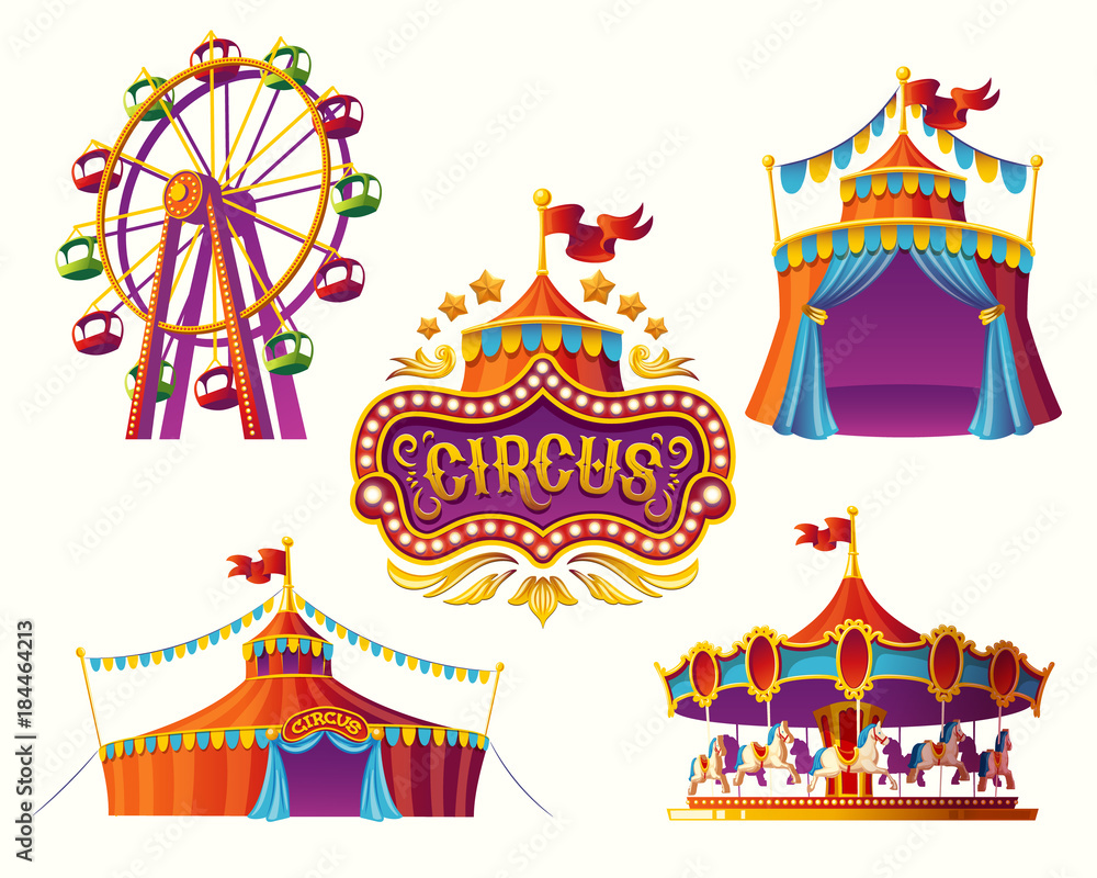 Set of vector illustrations of carnival circus icons with tent, carousels, flags isolated on white background.Print, design element. Set of vector illustrations of carnival circus icons with tent, carousels, flags isolated on white background.Print, design element.