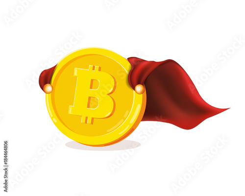 Funny super hero superman businessman flying Bitcoin. Miner bit coin digital currency cryptocurrency. Orange coin with bitcoin symbol isolated white background. Vector illustration flat style design