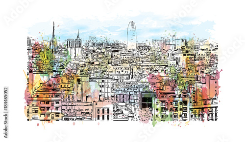 Watercolor painting with splash and sketch of aerial view of Barcelona, Spain in vector illustration.