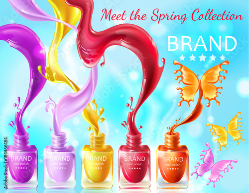 Cosmetic background, open bottles with nail polish with splashes in form of butterflies, 3d realistic vector . Mock up, template packaging design with brand information, promo poster for nail lacquer