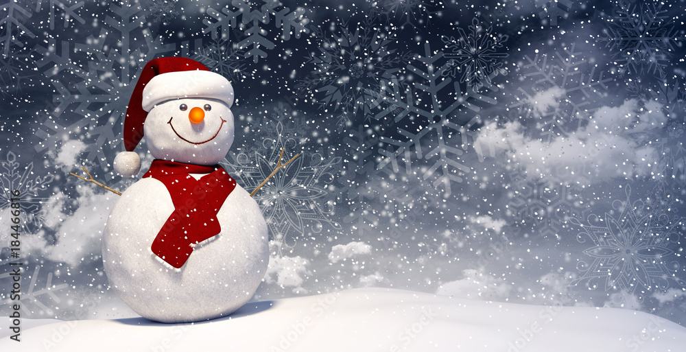 Snowman with Santa's hat and red scarf 3D Rendering