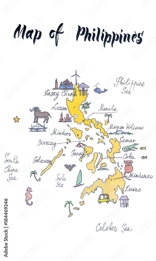 Map of attractions of Philippines, watercolor hand drawn, illustration
